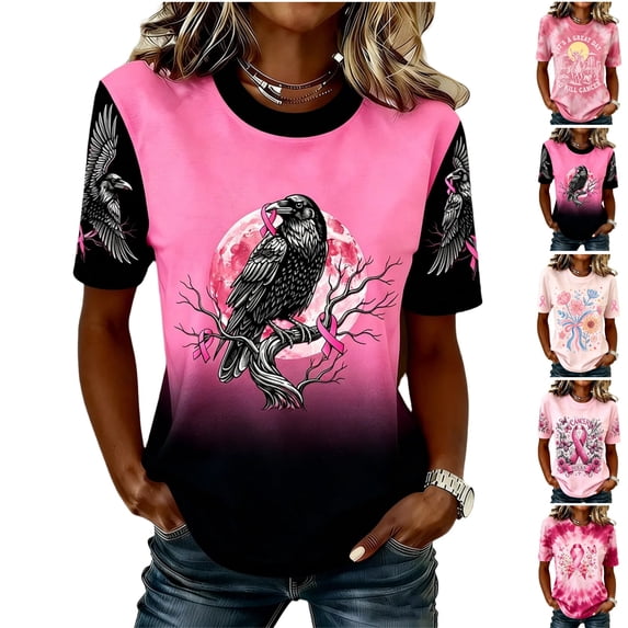 HAJWOH Breast Cancer Shirts for Women Breast Cancer Awareness Shirts Cancer Survivor Pink Ribbon Graphic Cancer Short Sleeve Tee Top