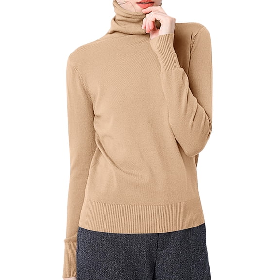 HAJWOH Brown Sweater Women Long Sleeve Wool Sweaters Warm Mock Neck Fuzzy Pullover Lightweight Knitted Sweater 2025 Clothes Camel XXL