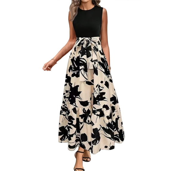 HAJWOH Brown Dress for Church for Women 2026 XXL Vestidos Elegantes Flowy Sleeveless Long Dresses Casual Church Print Dresses Trendy Sundresses with Belt Brown XXL