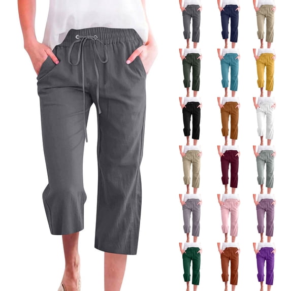 HAJWOH Capris Pants for Women Cotton Linen Casual Summer Straight Wide Leg Loose Drawstring Elastic Cropped Trouser