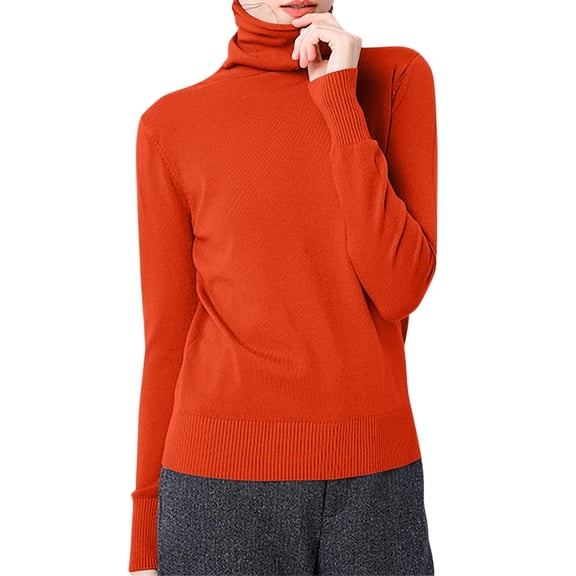 HAJWOH Sweater Women Long Sleeve Wool Sweater Warm Mock Neck Fuzzy Pullover Tops Soft Knit Sweater 2025 Clothes Saffron XL