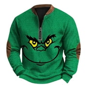 HAJWOH Christmas Sweater Men Grinchs Graphic Long Sleeve 1/4 Zip Golf Sweatshirt with Elbow Patches Big and Tall Stand Collar Vintage Knit Print Pullover Christmas Shirt Dark Green XXXL