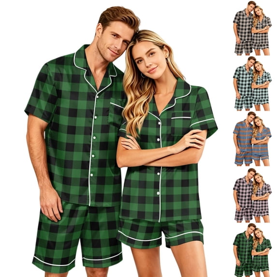 HAJWOH Classic Professional Plaid Pajamas for Men Set Short Sleeve Button Down Lightweight Lounge Set