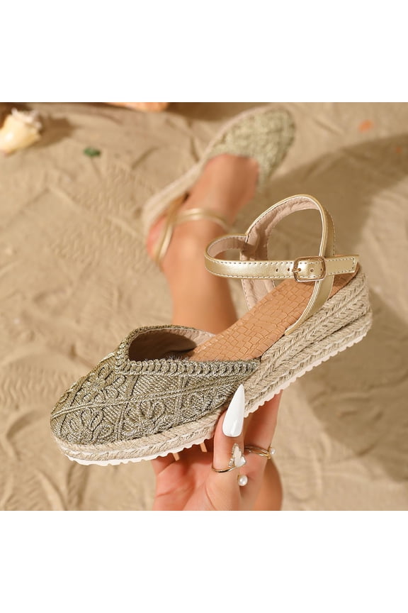 Closed Toe Wedges Heels for Women Dressy Platform Wedge Sandals Ankle Strap Heeled Espadrilles Sandals Ladies Comfortable Cork Summer Dress Shoes for Beach Wedding Vacation Office Work Gold 39