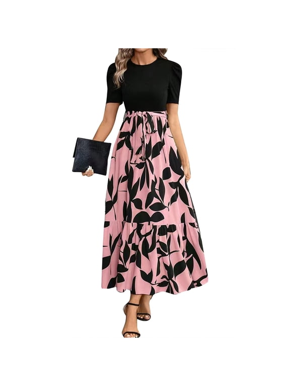Ladies Dresses for Church Elegantes Flowy Maxi Dresses with Belt Casual Puff Sleeve Spring Dresses Y2k Boho Dresses Pink XL