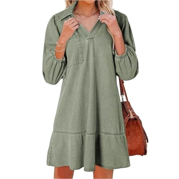HAJWOH Denim Dress for Women Fashion Fall Casual Babydoll 2025 V Neck 3/4 Puff Sleeve Jean Dresses Green L