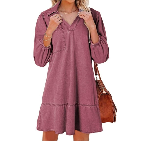HAJWOH Denim Dress for Women Fashion Fall Casual Babydoll 2025 V Neck 3/4 Puff Sleeve Jean Dresses Pink S