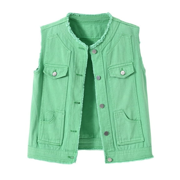 HAJWOH Denim Vest Top for Women 2025 Trendy Sleeveless Denim Jacket Comfy Fit Frayed Sleeveless Jacket Green L
