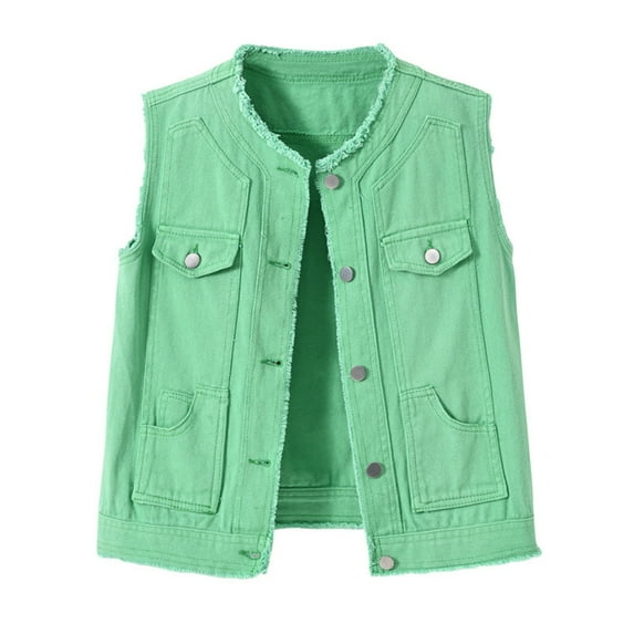 HAJWOH Denim Vest Top for Women 2025 Trendy Sleeveless Jean Jacket Comfy Casual Classic Cute Cropped Jackets Coats Green S