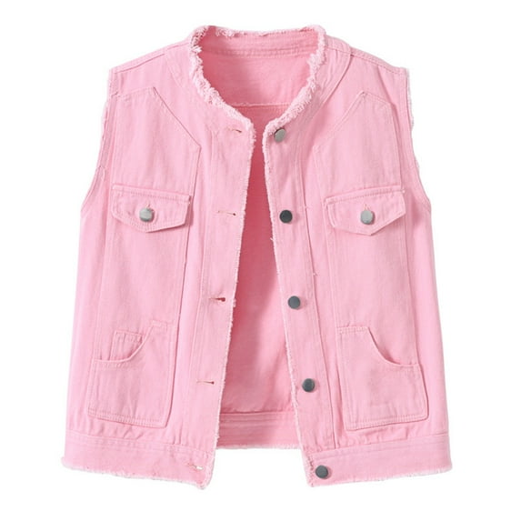 HAJWOH Denim Vest Top for Women 2025 Trendy Sleeveless Jean Jacket Comfy Casual Classic Cute Cropped Jackets Coats Pink XL