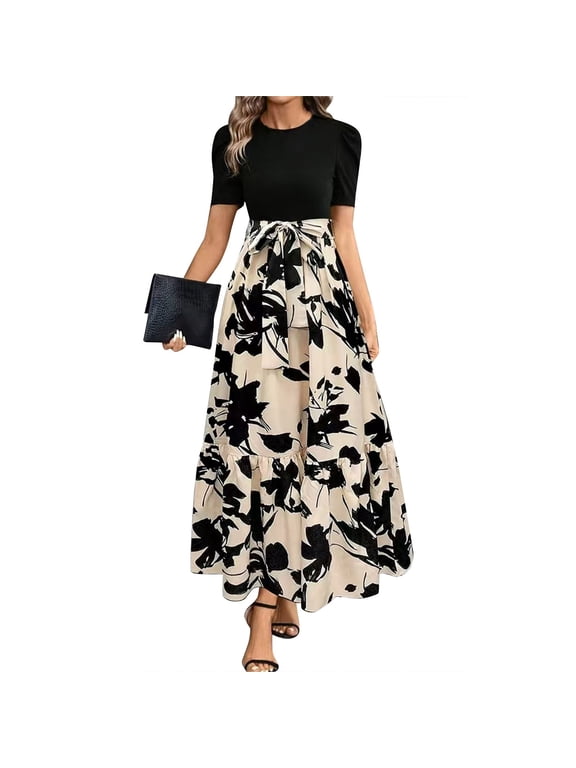 Dresses for Church Women 2025 Elegant Puff Sleeve Spring Dresses with Belt Flowy Long Dresses Casual Fashion Formal Dresses Beige L