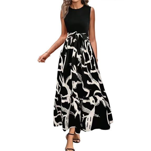 HAJWOH Dresses for Church Women 2026 L Elegant Flowy Sleeveless Summer Dresses Casual Church Print Dresses Trendy Modest Dresses with Belt Black L