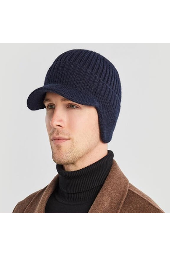 Earflap Baseball-Cap Winter for Men - Warm Knitted Brim Visor Beanie-Hat Thick Cycling Ski Warm Cap Outdoor Sport Navy