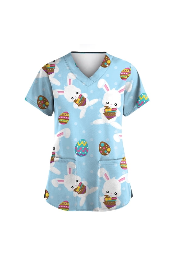 Easter Bunny Scrub Tops for Women Funny Short Sleeve Working Uniform Oversized V Neck Medical Scrub Shirts Comfy Easter Bunny Scrub Jackets Gold 2XL