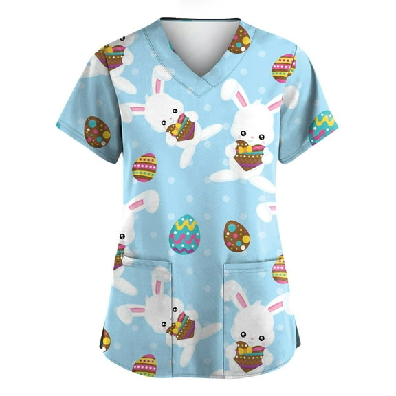 HAJWOH Easter Bunny Scrub Tops for Women Cute Short Sleeve Nursing Uniforms Plus Size V Neck Medical Scrub Shirts Comfy Easter Eggs Scurb Tops Gold M