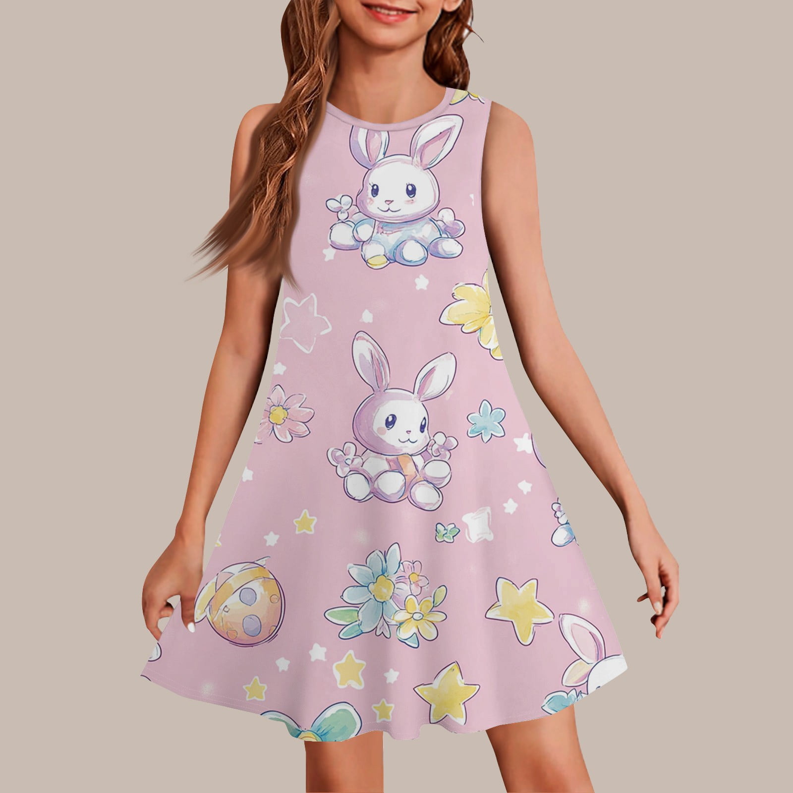 HAJWOH Easter Dresses for Girls Cartoon Bunny Print Sleeveless Spring Summer Dress Funny Crew Neck Midi Dress Casual Comfortable A-Line Dress Pink 7-8 Years