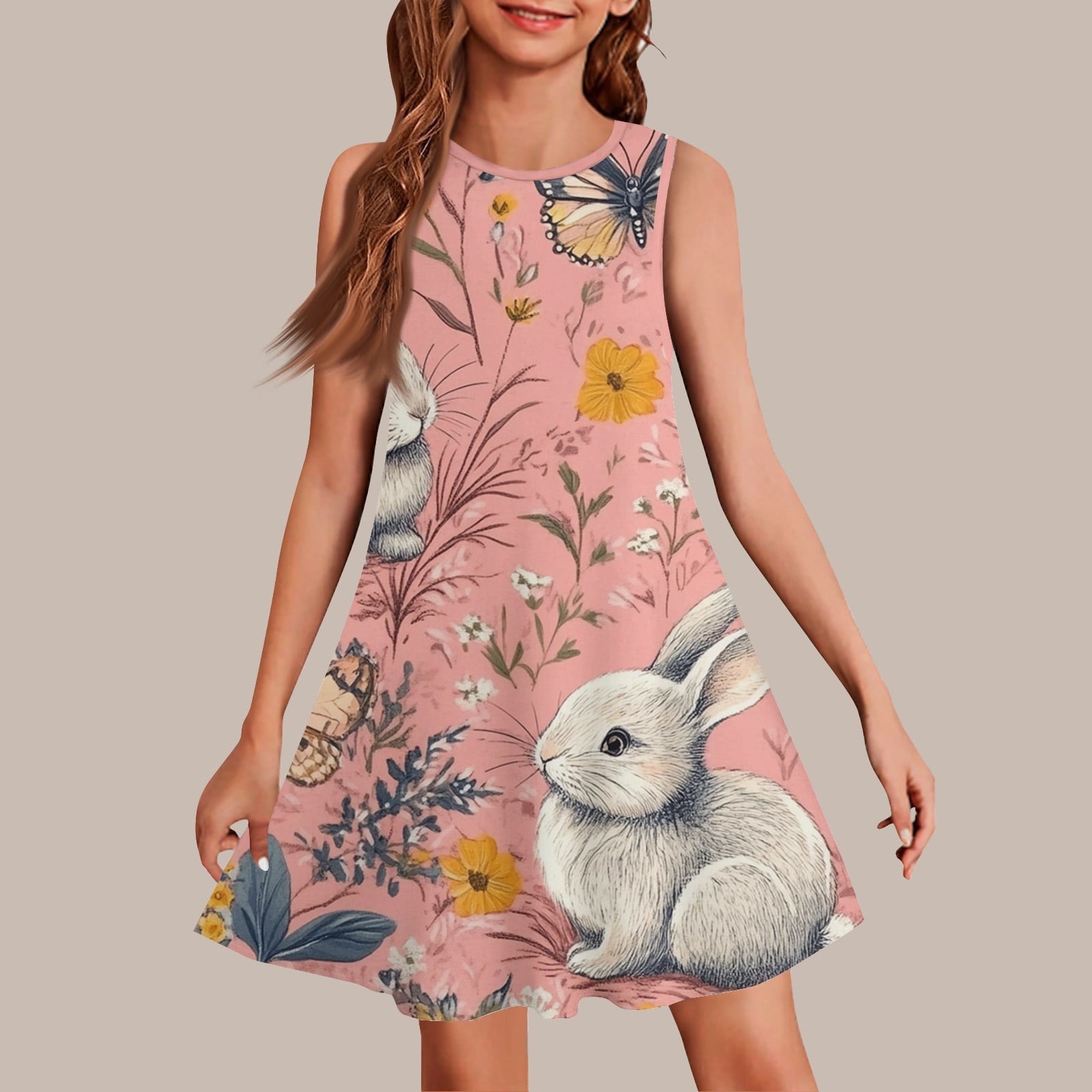 HAJWOH Easter Dresses for Toddler Girls Happy Rabbit Egg Graphic Spring Summer Dress Sleeveless Crewneck Sundress Casual Comfy Princess Dress Watermelon Red 9-10 Years