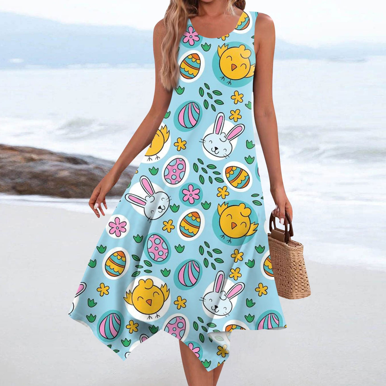 HAJWOH Easter Dresses for Women Bunny Egg Graphic Sleeveless Spring ...