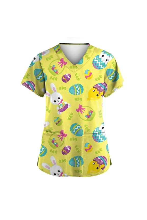 Easter Eggs Scrub Tops Womens Happy Short Sleeve Working Uniform Plus Size V-Neck Medical Scrub Shirts Fashion Easter Bunny Scrub Jackets Orange M