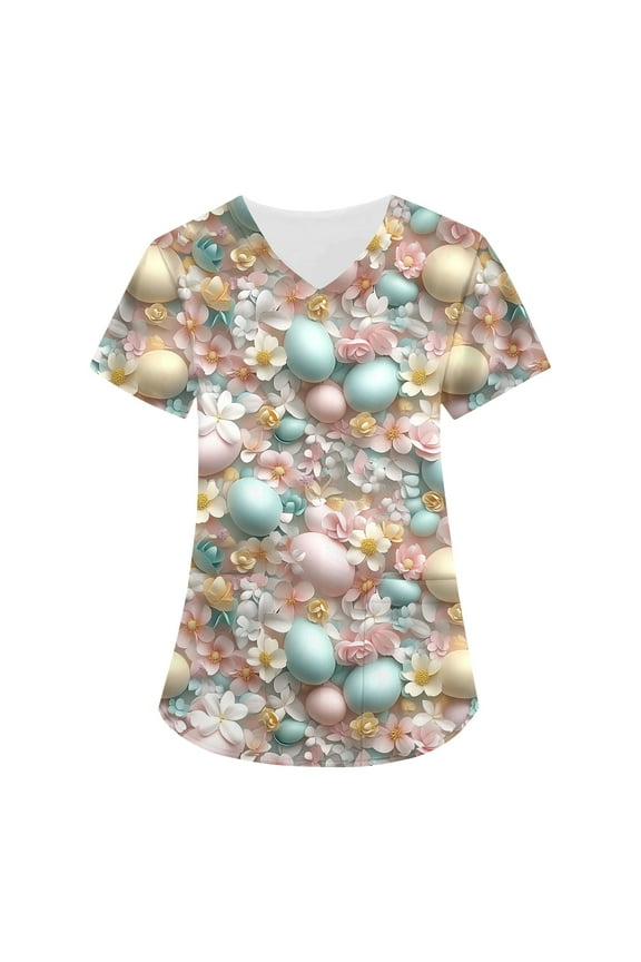 Easter Scrub Tops Womens Happy Bunny Rabbit Graphic Nursing Working Uniform Short Sleeve V-Neck Medical Scrub Shirts Oversized Lightweight Easter Eggs Scurb Tops Rose Gold L
