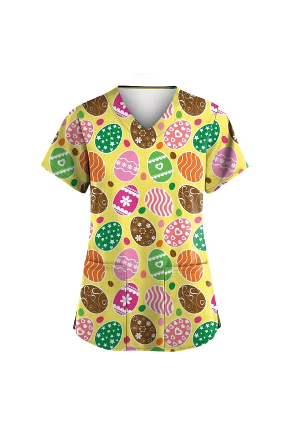 Easter Scrubs for Women Oversized Happy Cartoon Bunny Print Working Uniform Short Sleeve V Neck Medical Scrub Trendy Easter Eggs Scurb Tops with Pockets Beige S