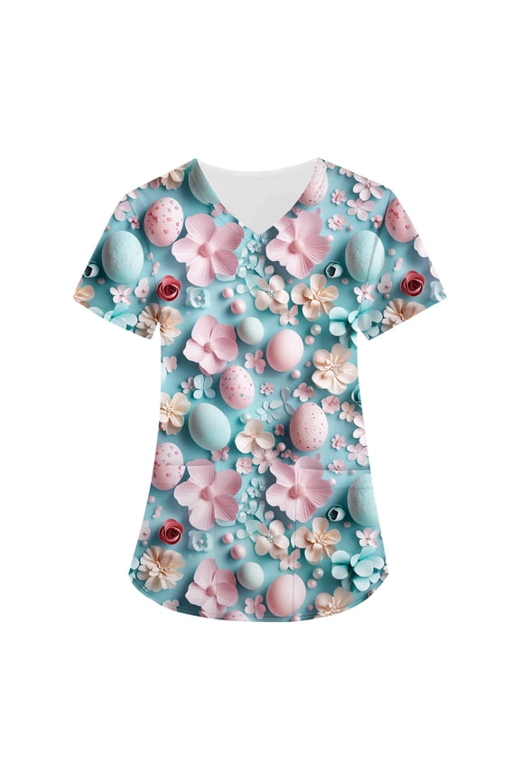 Easter Scrubs for Women In Store Plus Size Happy Cartoon Bunny Print Working Uniform Short Sleeve V-Neck Medical Scrub Lightweight Easter Bunny Scrub Jackets with Pockets Light Blue 4XL