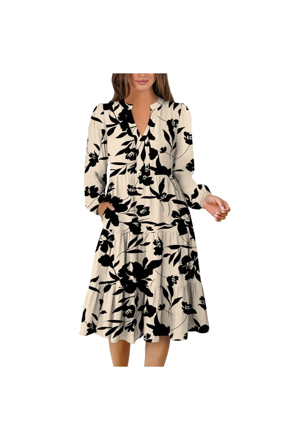 Fall Dresses for Women 2025 Casual Long Sleeve Sundresses Soft V Neck Cotton Dresses Beige XL