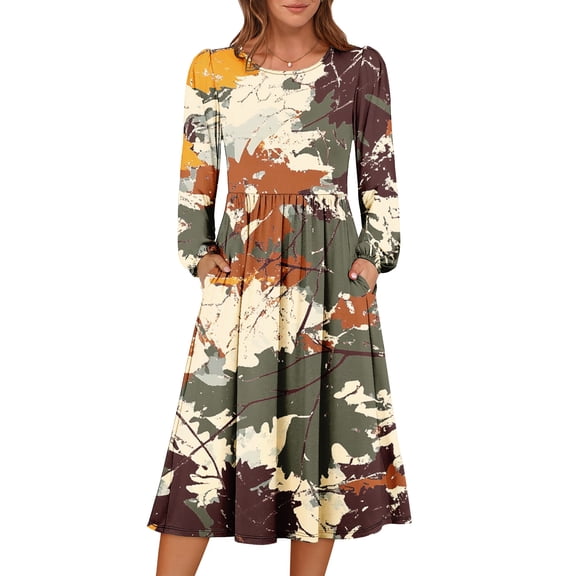 HAJWOH Fall Dresses for Women 2025 Puff Long Sleeve Casual Boho Flowy A-Line Midi Party Long Dress with Pockets Green XL