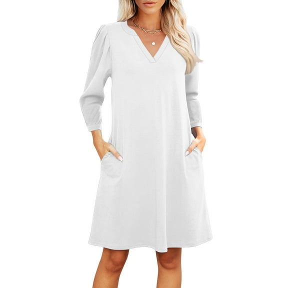 HAJWOH Fall Dresses for Women 2025 Trendy Formal Dresses Long Sleeve V-Neck Midi Dresses Soft Party Dresses White S