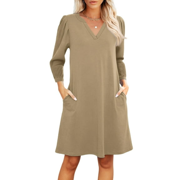 HAJWOH Fall Dresses for Women 2025 Trendy a Line Dress Long Sleeve V Neck Midi Dress Comfort Modest Dresses Khaki S