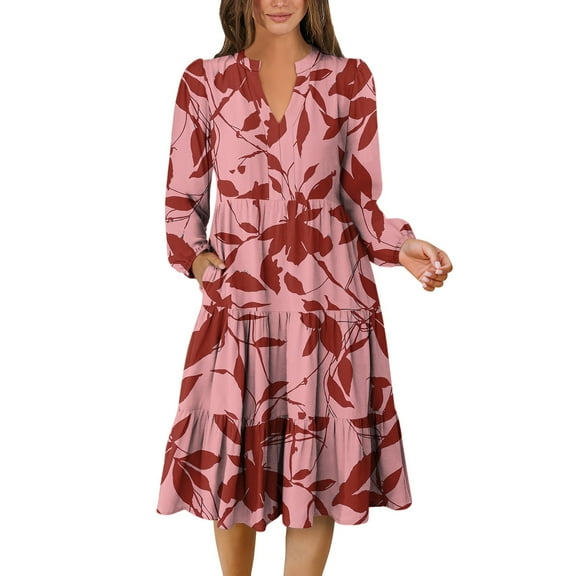 HAJWOH Fall Dresses for Women Casual Long Sleeve Vacation Dresses Soft V-Neck Halter Dresses Pink XL
