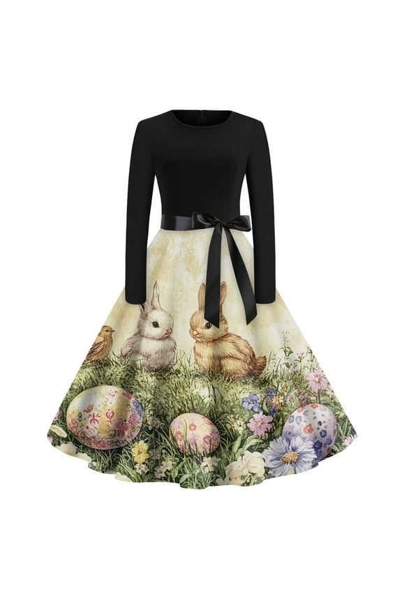 Fancy Womens Easter Dresses Long Sleeve Bunny Egg Graphic Spring Dresses Plus Size Crew Neck Midi Dress Boho Tank Dresses Lightweight Easter Dresses Happy Easter Gift for Women Khaki L