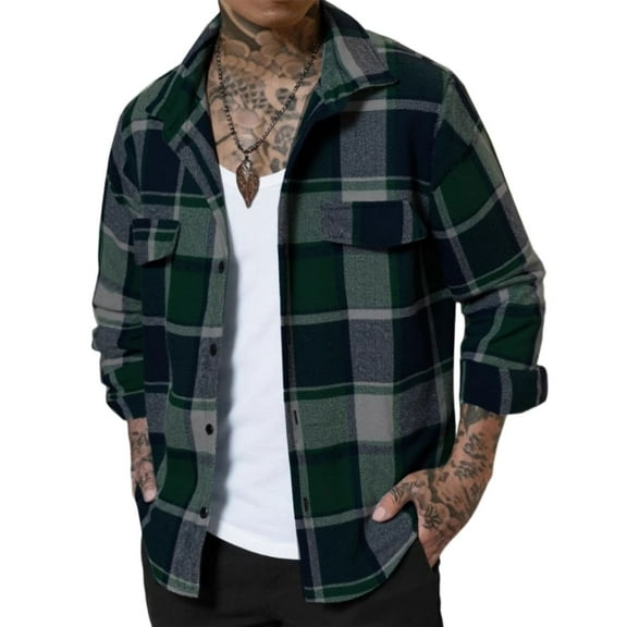 HAJWOH Flannel Shirts for Men Casual Button Down Plaid Jacket Long Sleeve Fleece Cotton Shacket Cowboy Work Shirts with Pocket Green L