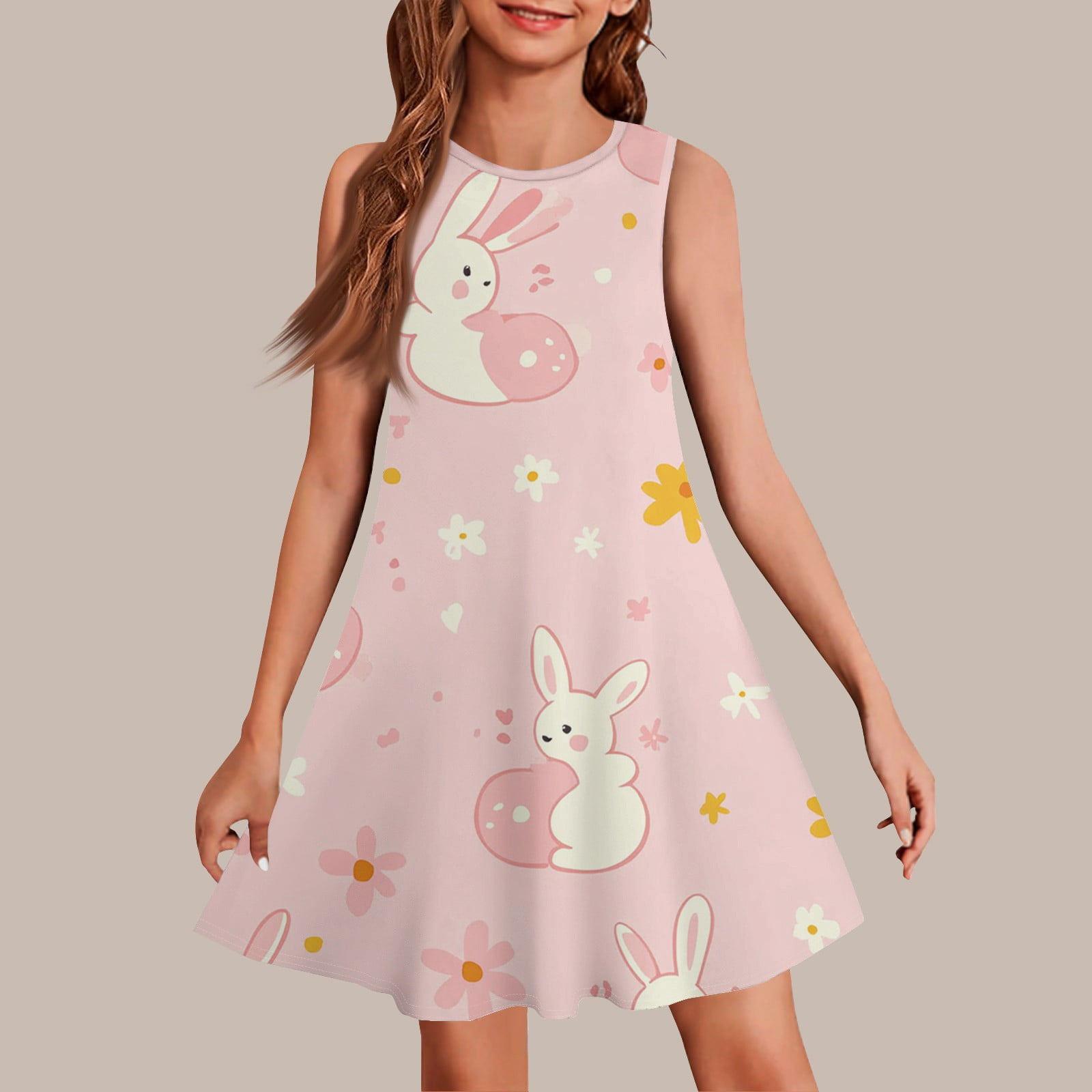 HAJWOH Girls Easter Dresses Bunny Egg Print Sleeveless Spring Dress Cute Crew Neck Sundress Casual Comfort Princess Dress Light pink 9-10 Years