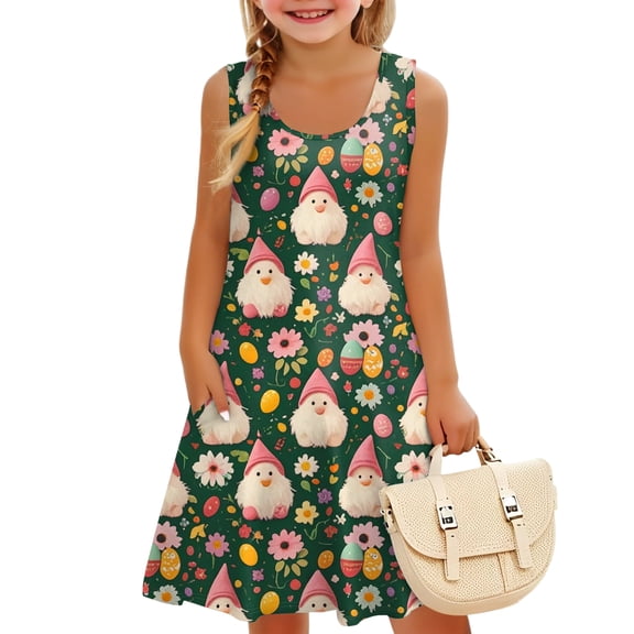HAJWOH Girls Easter Dresses Sleeveless Easter Dress Funny Cartoon Bunny Egg Print Summer Spring Dress Lightweight A-Line Dress Red 3-4 Years