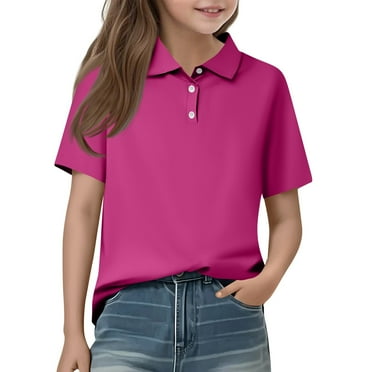 HAJWOH Girls Polo Shirts Short Sleeve Uniform Shirts Casual Button Down Tops 2025 Summer New Collared Uniform Top Workout Clothing Hot Pink 4-5 Years