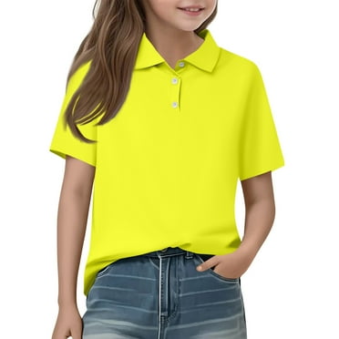 HAJWOH Girls Polo Uniform Shirts Short Sleeve Tops Casual Button Down Tshirts 2025 Summer New Collared Golf Polo Shirt Athletic Blouse Yellow 7-8 Years