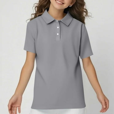 HAJWOH Girls Polo Uniform Shirts Size 7-8 Short Sleeve Uniform Top Casual Button Uniform Shirts 2025 New Collared Polo Shirts Comfy Blouse Light Gray 7-8 Years