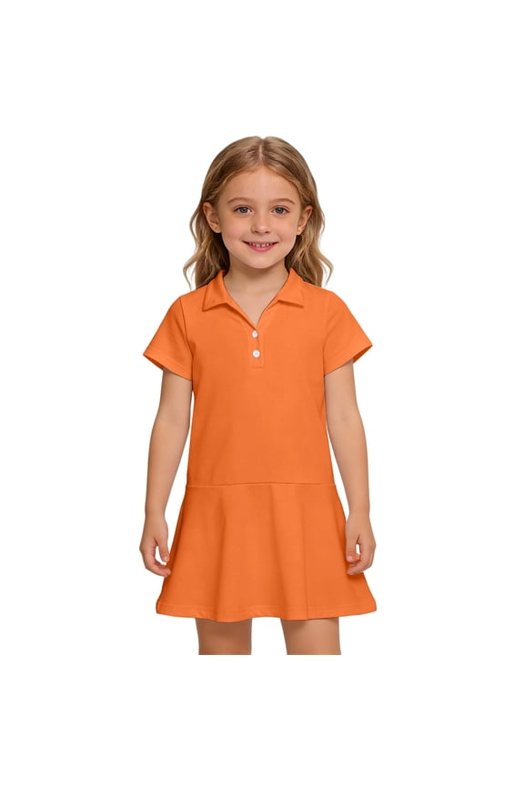 Girls Short Sleeve Summer Polo Shirt Dress Kids Casual Pleated School Uniform Polo Dresses Orange 6-7 Years