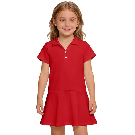 HAJWOH Girls Short Sleeve Summer Polo Shirt Dress Kids Casual Pleated School Uniform Polo Dresses Red 8-9 Years