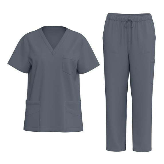 HAJWOH Gray Scrubs for Women Set Stretchy Nurse Uniform Short Sleeve V-Neck Scrub & Pants Solid Color Scrubs Sets with Multi Pocket Gray M