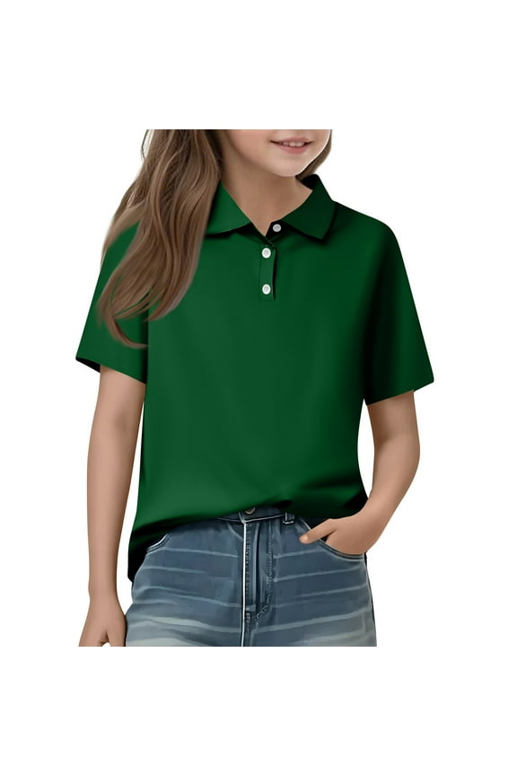 Junior Girls Uniforms Tops for School Short Sleeve Top Casual Button Down Tshirts 2025 Summer New Collared Polo Shirts Comfortable Clothes Dark Green 5-6 Years