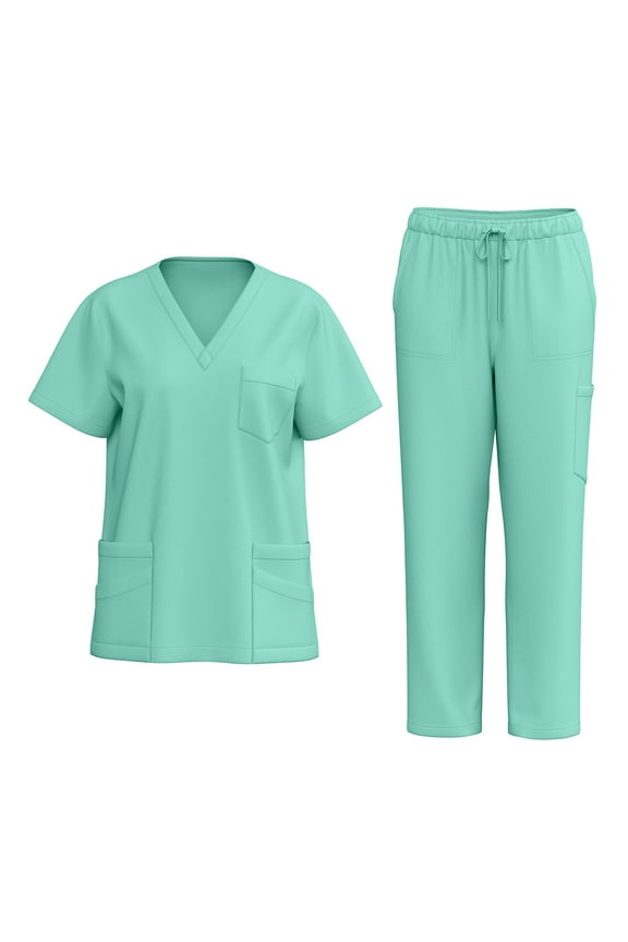 Green Scrubs for Women Set Stretchy Nursing Uniform Short Sleeve V-Neck Scrub Top & Pants Solid Color Scrubs Sets with Multi Pockets Mint Green M