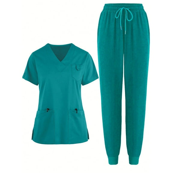 HAJWOH Green Scrubs for Women Set Stretchy Nursing Uniform Short Sleeve V-Neck Scrub Top & Pants Solid Color Scrubs Sets with Multi Pockets Green M