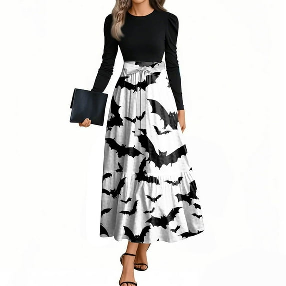 HAJWOH Halloween Dresses for Women 2025 Elegantes Flowy Ruffle Hem Long Dresses Puff Long Sleeve Fall Winter Dresses with Belt Casual Crewneck a Line Dresses White XXL