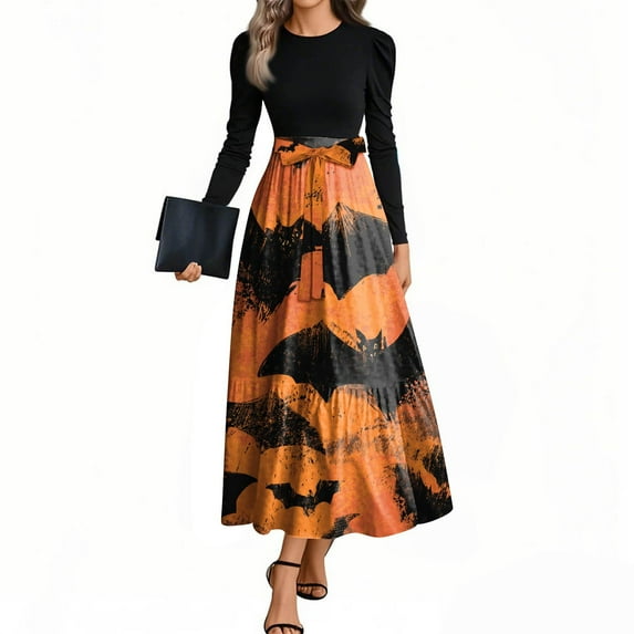HAJWOH Halloween Dresses for Women Elegantes Flowy Ruffle Hem Long Dresses Puff Long Sleeve Halloween Dresses with Belt Fashion Round Neck Tea Party Dresses Multicolor XL