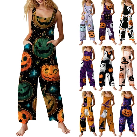 HAJWOH Halloween Pants Women Print Linen Cotton Jumpsuits Rompers Plus Size Loose Fit Jumpers Pants with Pockets(Light Purple,S)