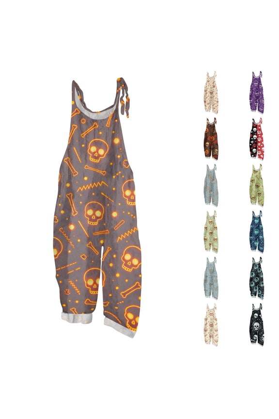 Halloween Plus Size Boho Overalls for Women 2026 Hippie Cloth Floral Printed Jumpsuits Spaghetti Strap Rompers(Orange,M)