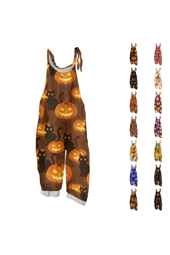 Halloween Plus Size Boho Overalls for Women Halloween Print Hippie Cloth Floral Printed Jumpsuits Spaghetti Strap Rompers(Orange,2XL)
