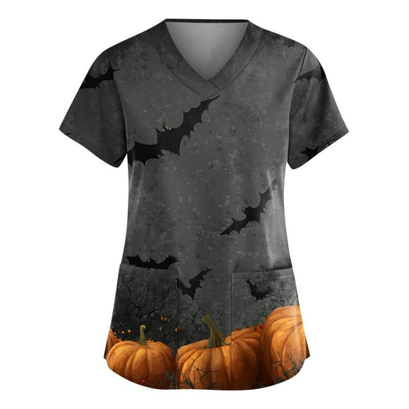HAJWOH Halloween Scrub Tops Women Short Sleeve Nursing Uniforms Novelty Pumpkin Bat Ghost Spider Witch Print Medical Scrub Stretchy V Neck Scurb Tops Gray XXL